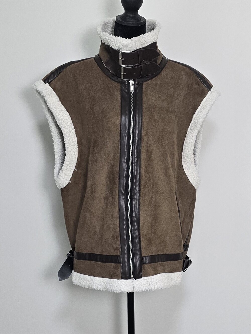 Fate Women's Brown Suede Shearling Vest with Contrast Trim